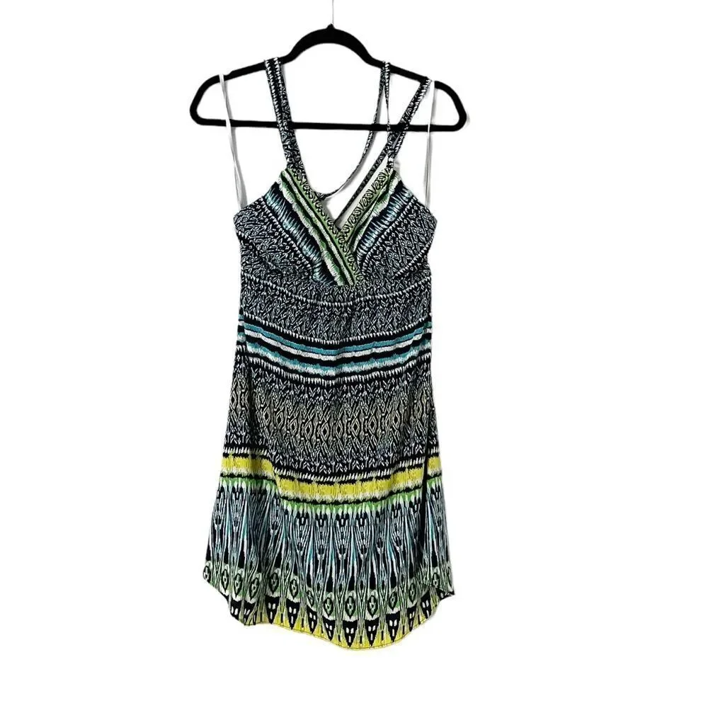 🟢Athleta Marbella Blue Green Yellow Halter Semi Fitted Dress Size S - Picture 2 of 10